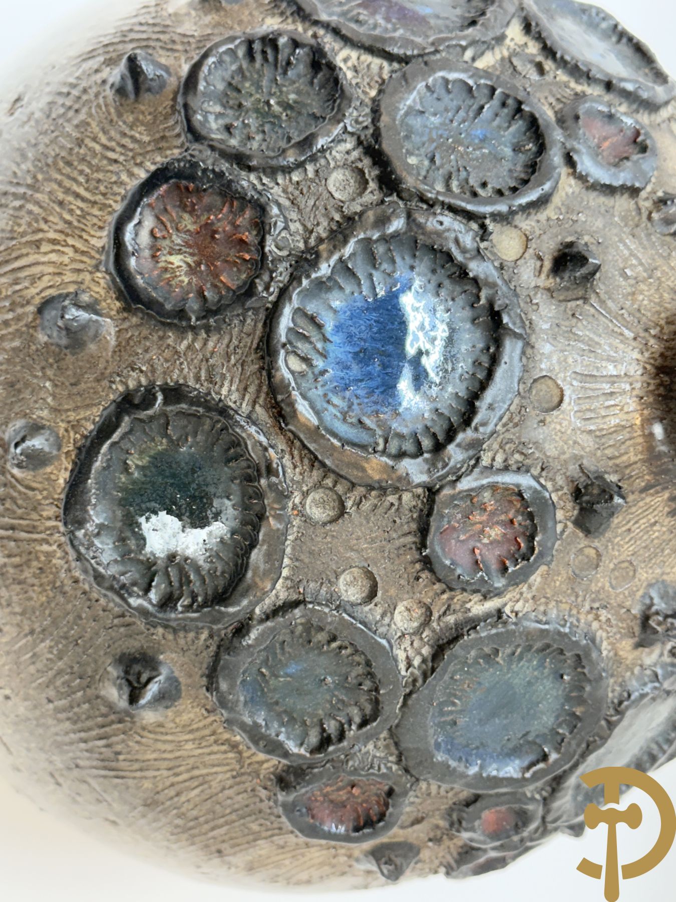 Grote vintage ronde keramieken vaas met geometrische motieven en glazuur, Perignem