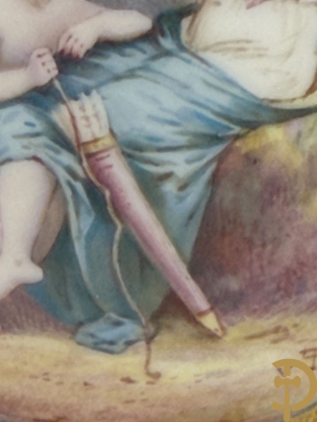 Paar Sèvres cassolettes met handbeschilderd romantisch decor van dame met cupido en landschapsdecor - met vergulde bronzen vierarmige kandelaar, Feccotte V. getekend