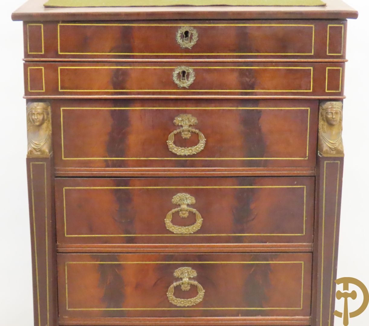 Mahoniehouten zesladenkast met schrijfblad bovenaan, Empire