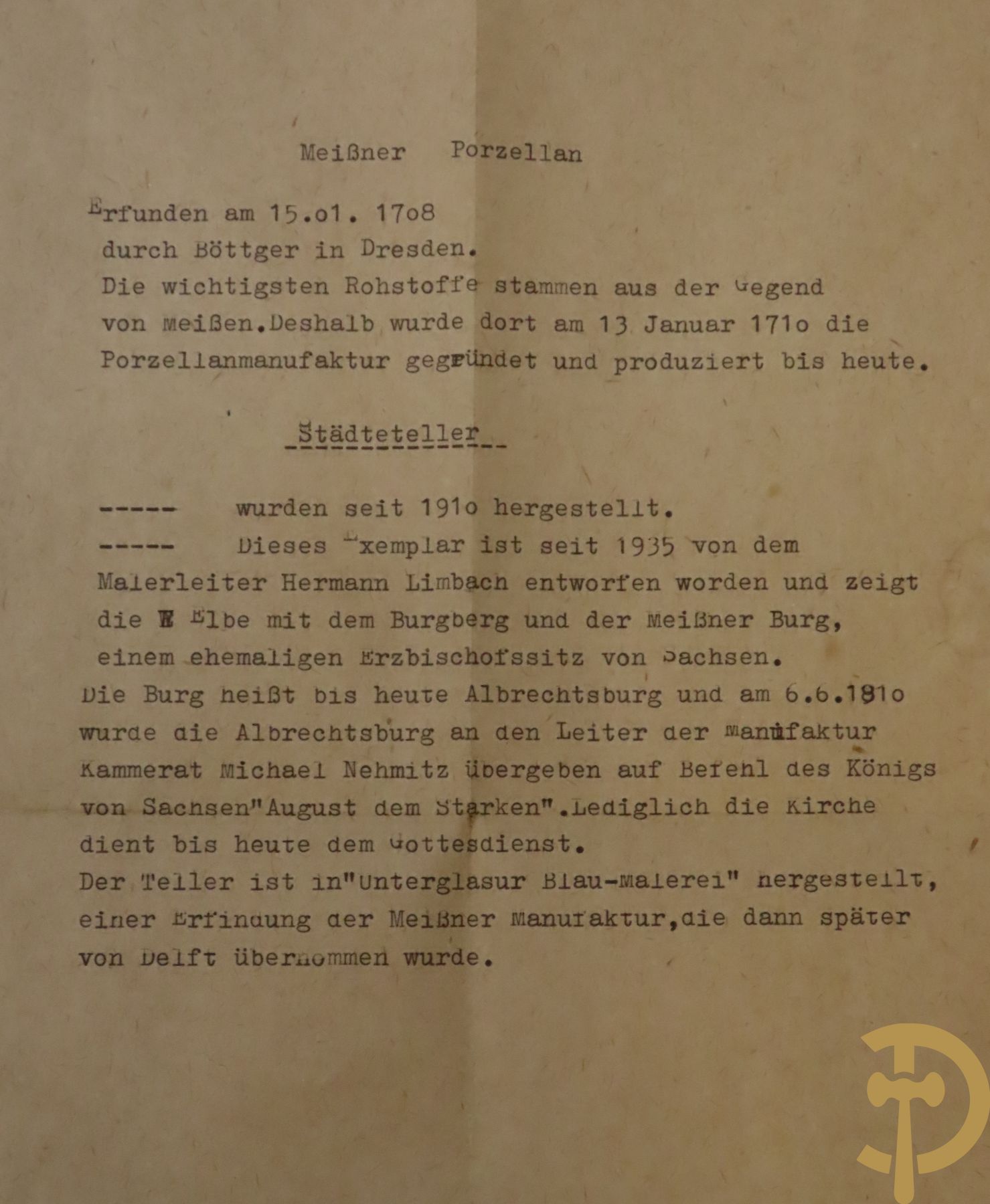 Zes porseleinen borden onder gemerkt met zwaarden / Meissen : 1 bord met stadstafereel, 1 verlucht bord met drakendecor, 1 bord met vogeldecor, 1 met bloemen en 2 met bloemendecor omgeven door vergulde rand