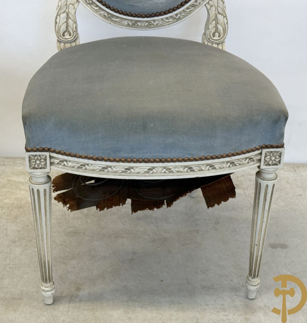 Salonensemble met rocailles, bloemenmotieven en gecanneleerde poten bestaande uit canapé, 2 armzetels en 2 stoelen