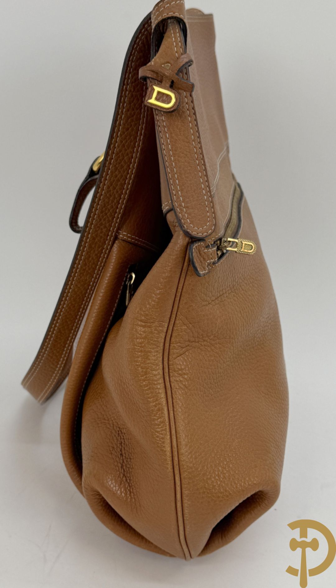 Cognac lederen schoudertas Faust Delvaux met bijhorende stoffen zak