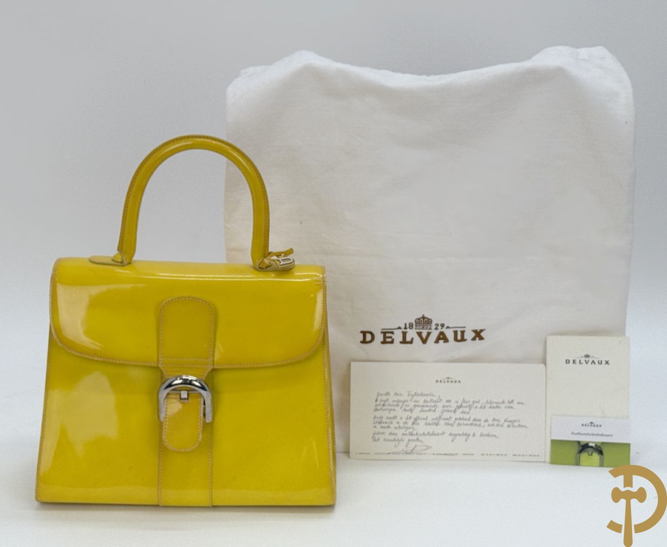 Unieke handtas Delvaux in fluo geel, model Brillant, gelimiteerde en genummerde serie 8/10, mode 2001 Landed - ontwerp van Walter Van Beirendonck uit 2001