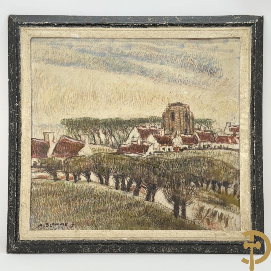 BLOMME A. getekend 'Huizenzicht met kerk te Damme' olie op unaliet