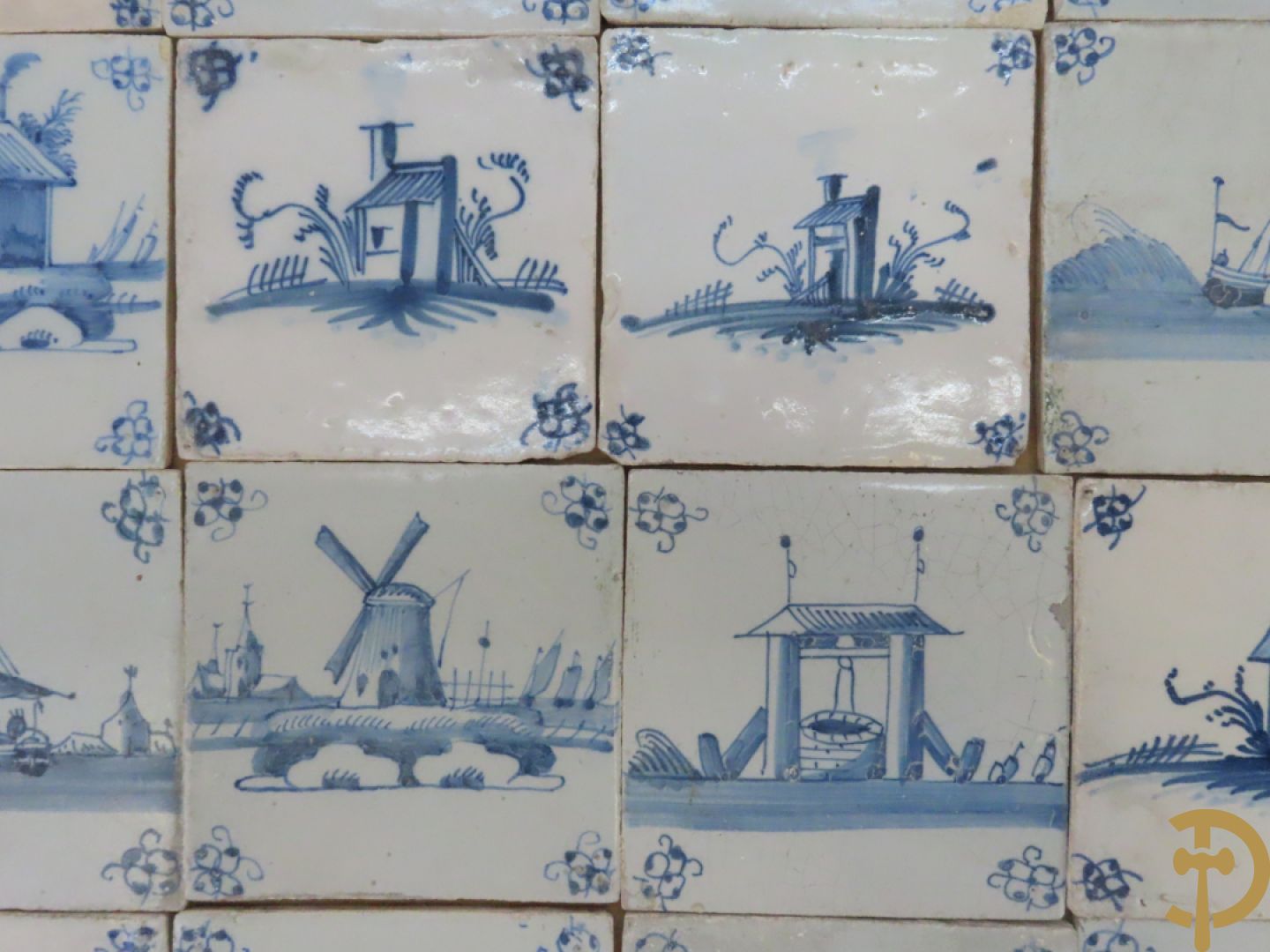 Set oude Delftse tegeltjes met landschappen, waterputten, kastelen, ...
