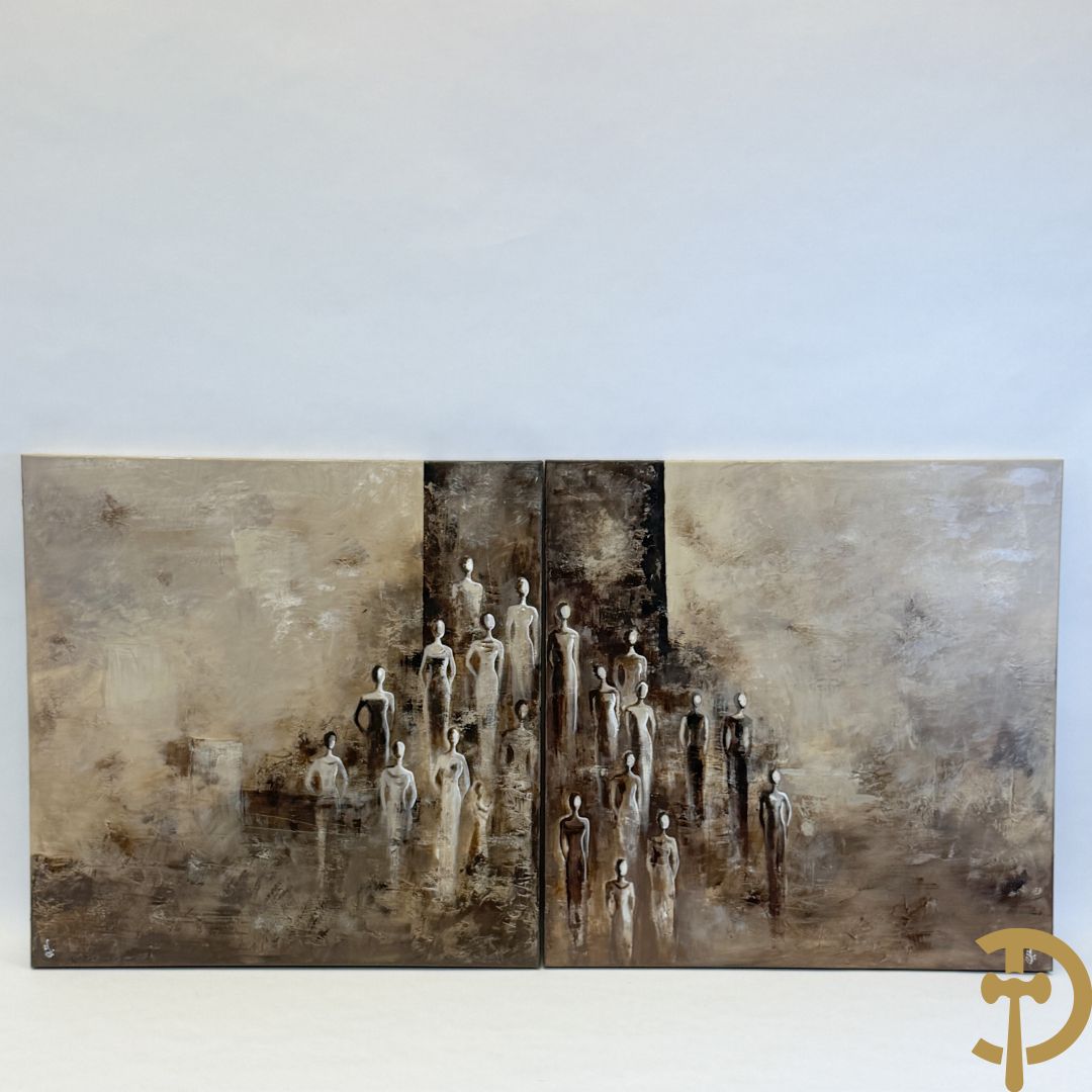 J gemonogrammeerd 'Dames in koor' tweeledig schilderij olie op doek