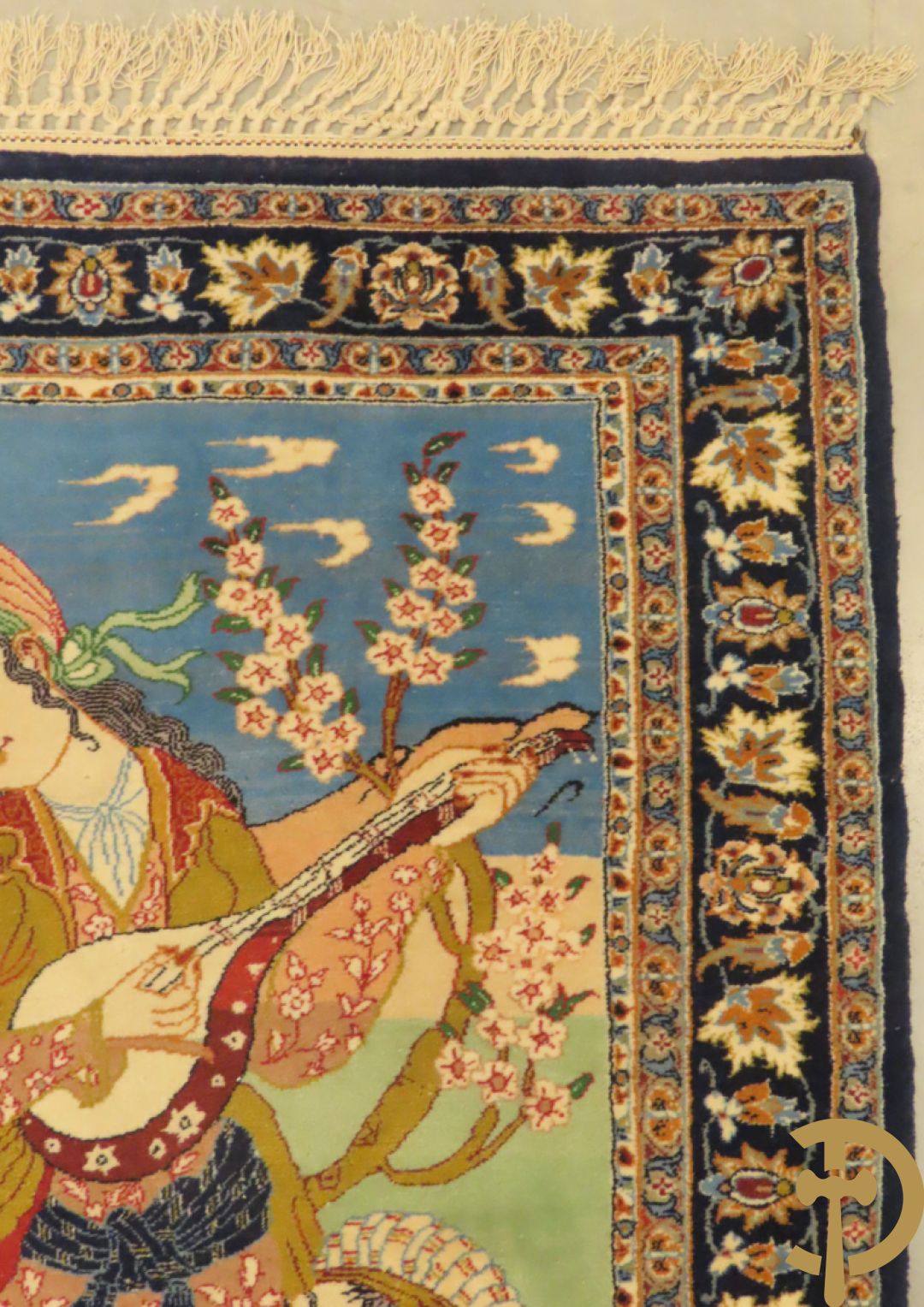 Perzisch handgeknoopt geïllustreerd tapijt met decor van musicerende dame en drinkende man