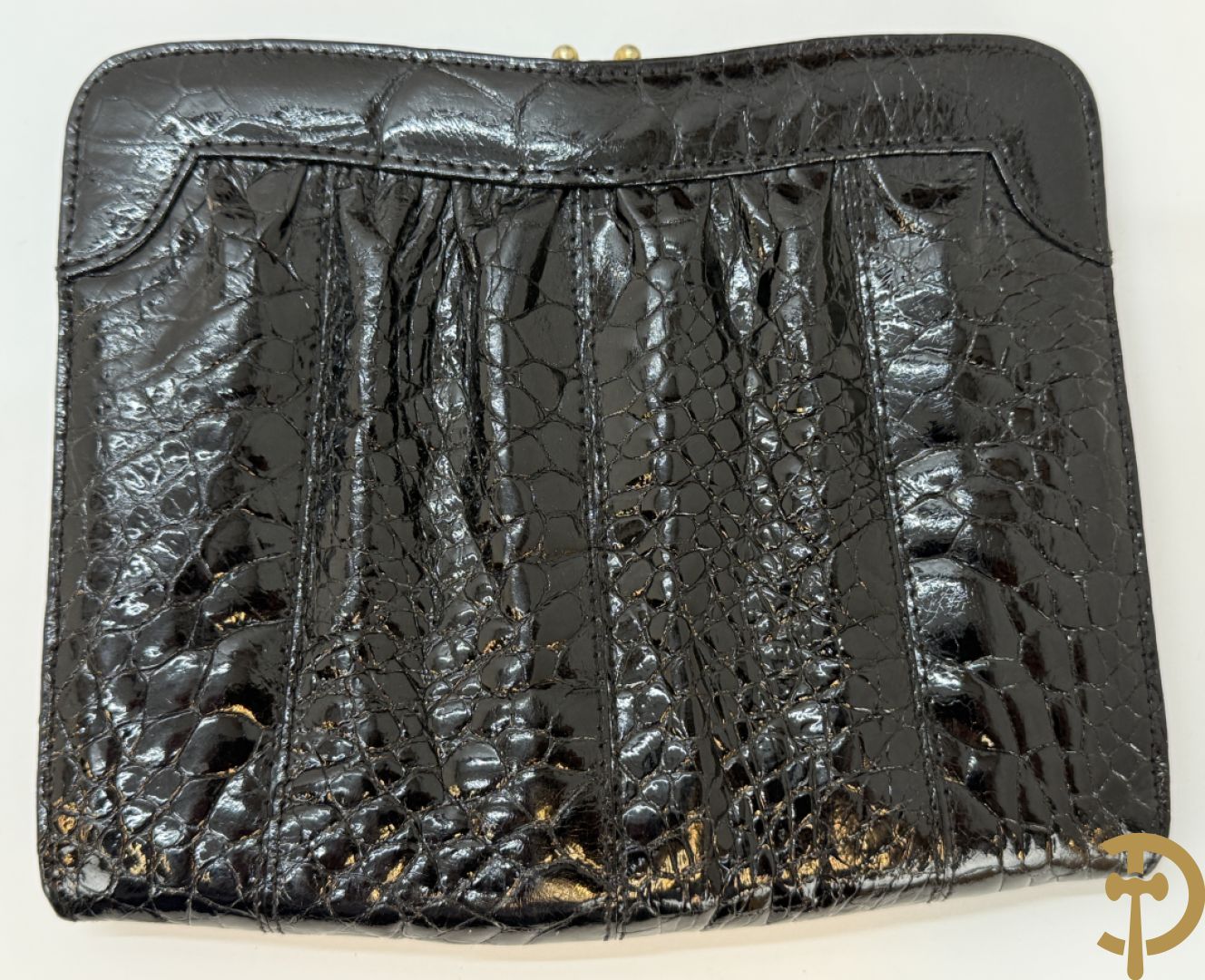 Kroko zwart lederen handtas, Le Sellier Bruxelles + zwart lederen kroko clutch + bruin lederen kroko enveloppetas + toneelhandtasje