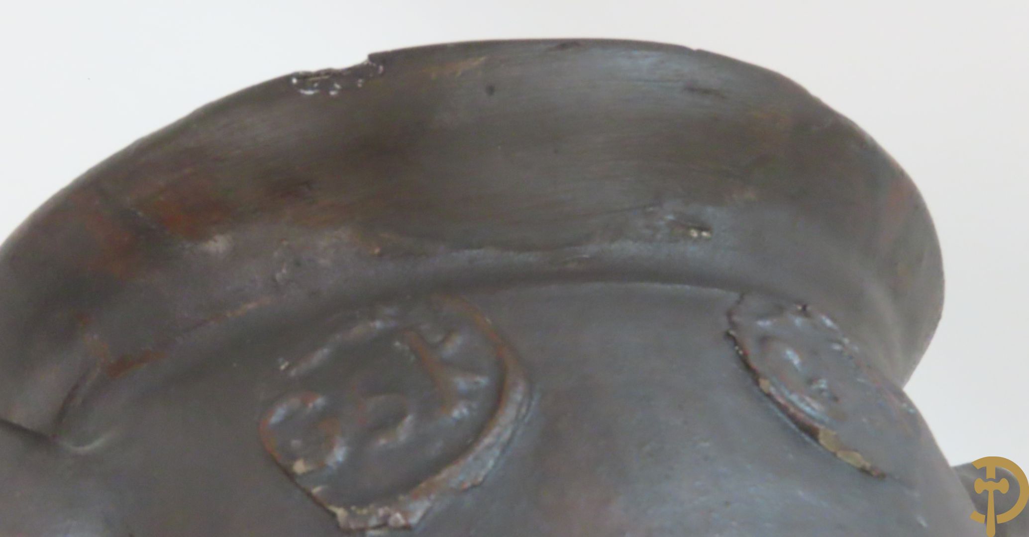 Langerwehe steengoed kruik + twee steengoed veldkruiken +Keulse dekselkan + bronzen mortier met stamper