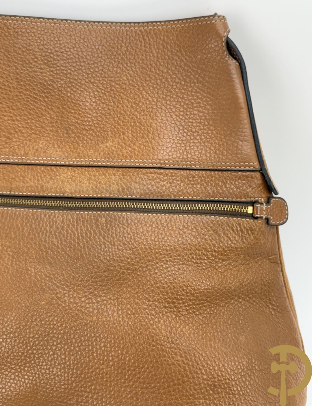 Cognac lederen schoudertas Faust Delvaux met bijhorende stoffen zak