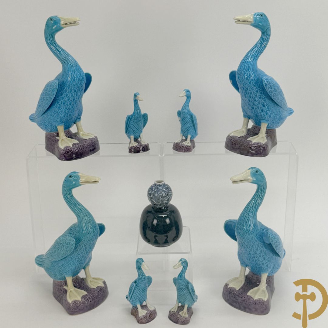 Vier paar porseleinen eenden + vaasje