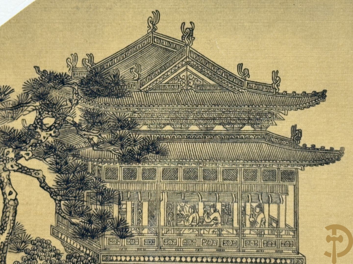 Drie ronde Aziatische zijdeschilderingen + Aziatische zijdeschildering