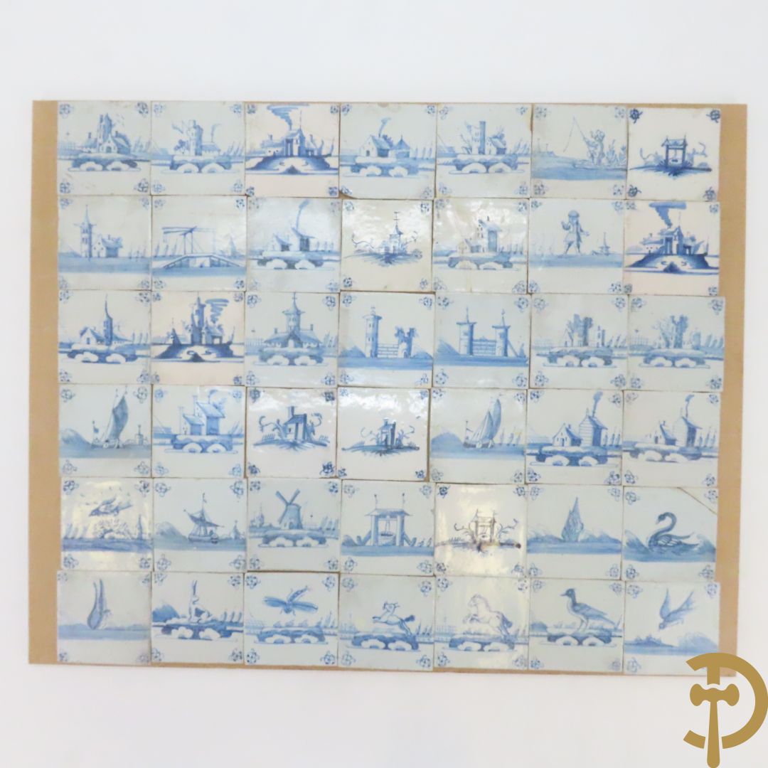 Set oude Delftse tegeltjes met landschappen, waterputten, kastelen, ...