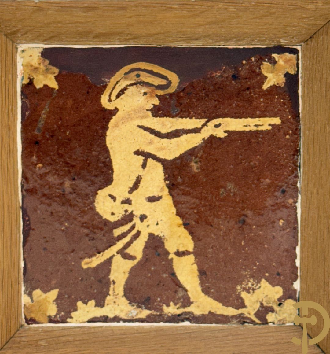 Paar 18e Vlaamse tegels met jager en hond ingelijst in kader