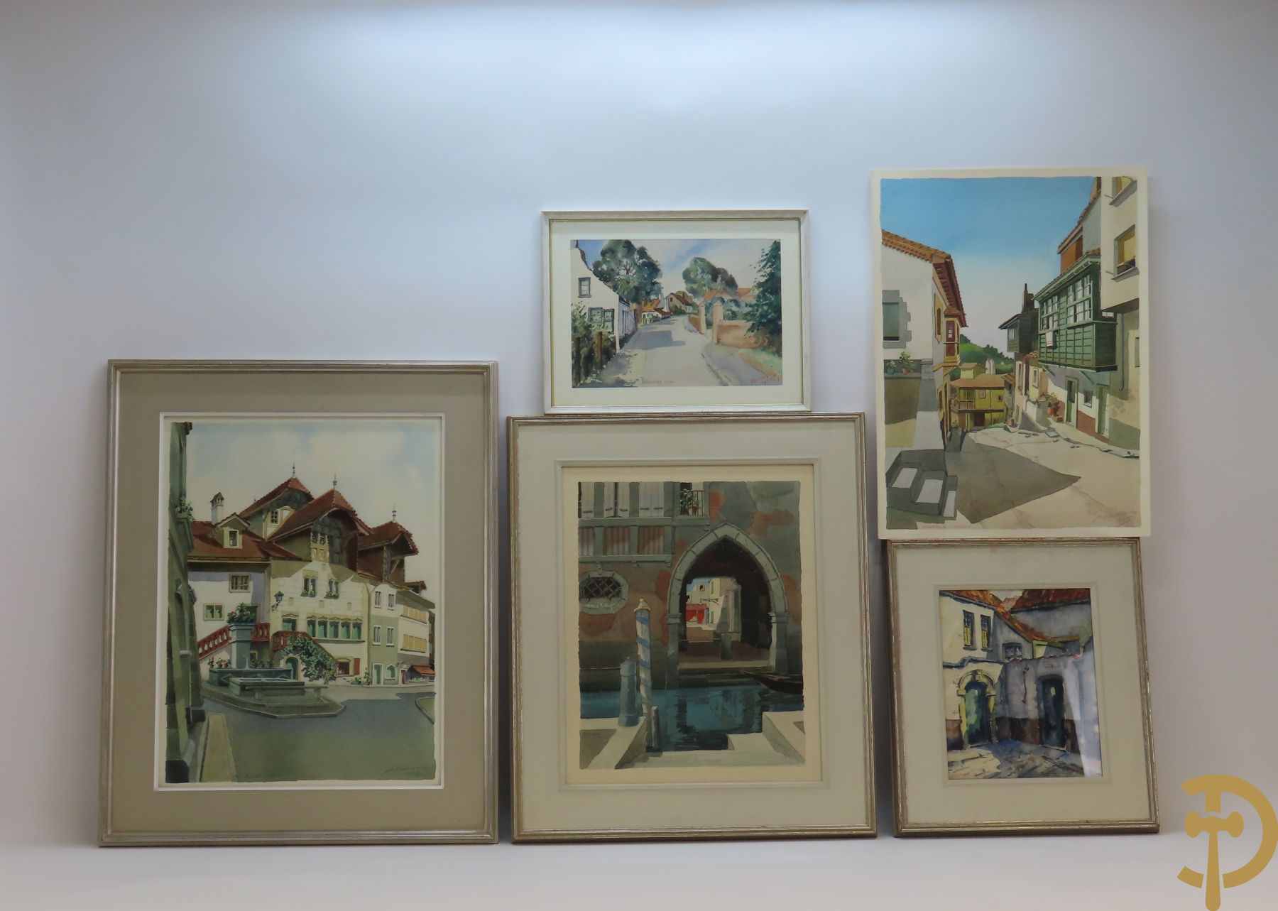 GADEYNE R. get. 'Morat, Suisse' aquarel + GADEYNE R. get. 1962 'Zicht op Venetië' aquarel + 'Colunga' aquarel + 1935 'Knokke' aquarel + 1933 'Kortrijk' aquarel