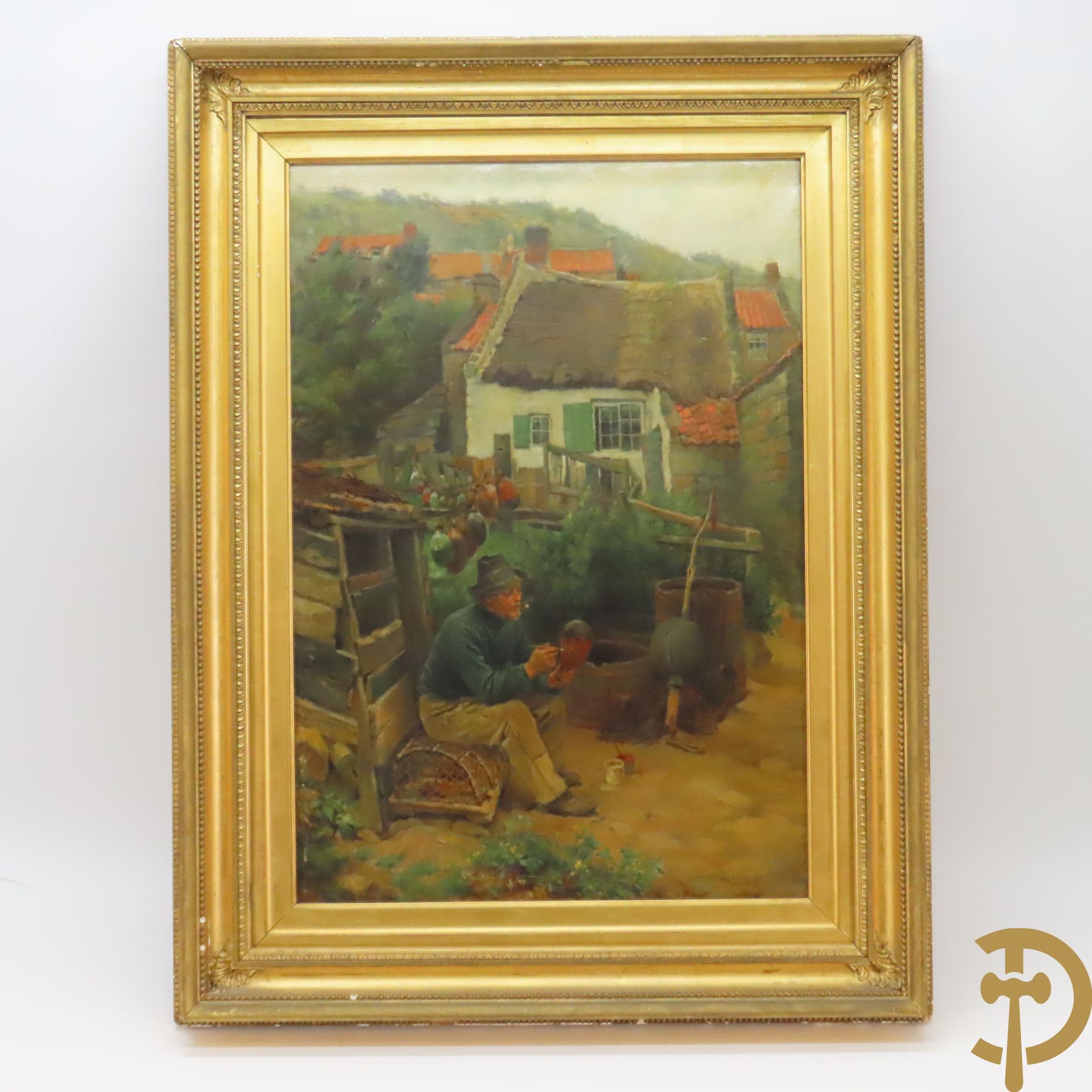 HEDLEY R. get. 1891  (Ralph verso) 'Huis in de bergen met schilderende man' olie op doek