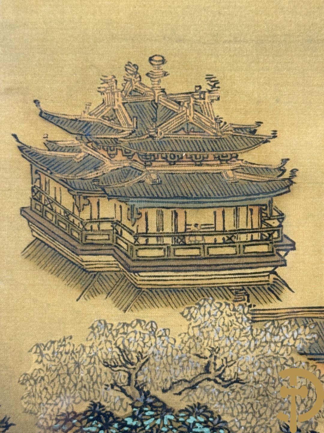 Drie ronde Aziatische zijdeschilderingen + Aziatische zijdeschildering