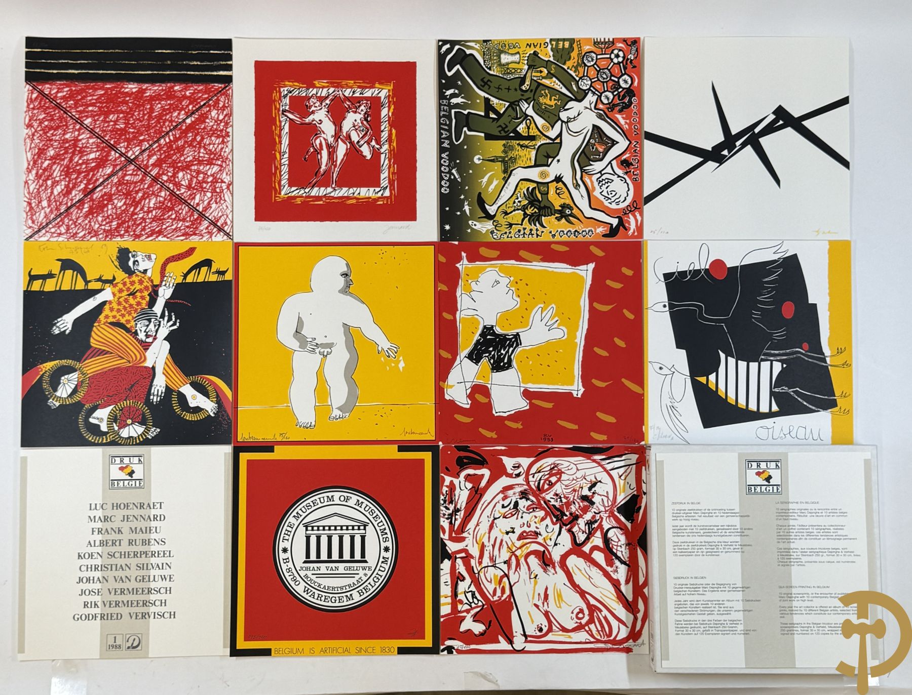 Map met 'Zeefdruk in België' 10 stuks uitgegeven door Marc Dejonghe in 1988 met kunstenaars Hoenraet Luc, Jennard Marc, Maieu Frank, Rubens Albert, Scherpereel Koen, Silvain Christian, Van Geluwe Johan, Vermeersch José, Vermeersch Rik en Vervisch Godfried - 10 litho's 75/120