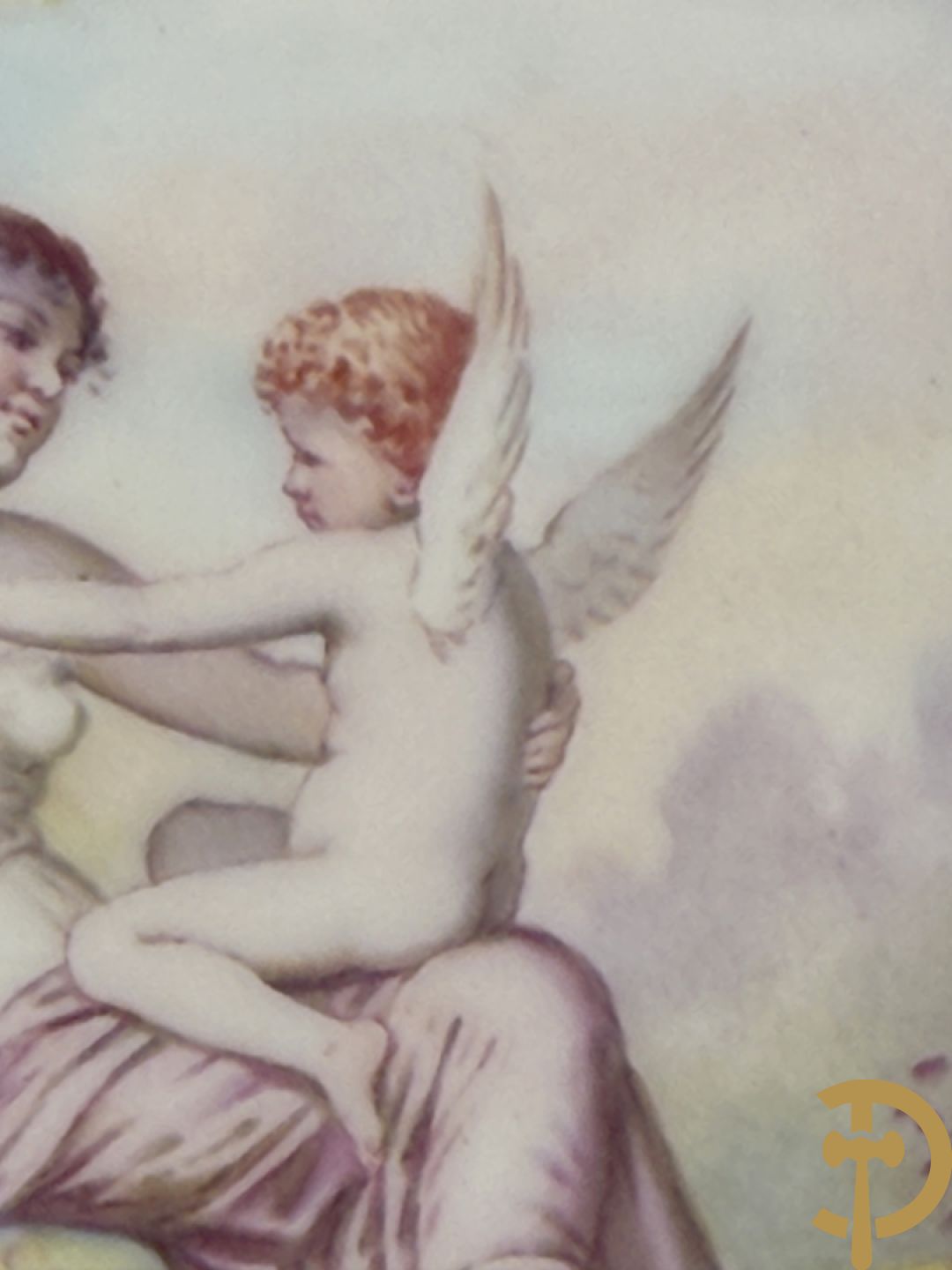 Paar Sèvres cassolettes met handbeschilderd romantisch decor van dame met cupido en landschapsdecor - met vergulde bronzen vierarmige kandelaar, Feccotte V. getekend