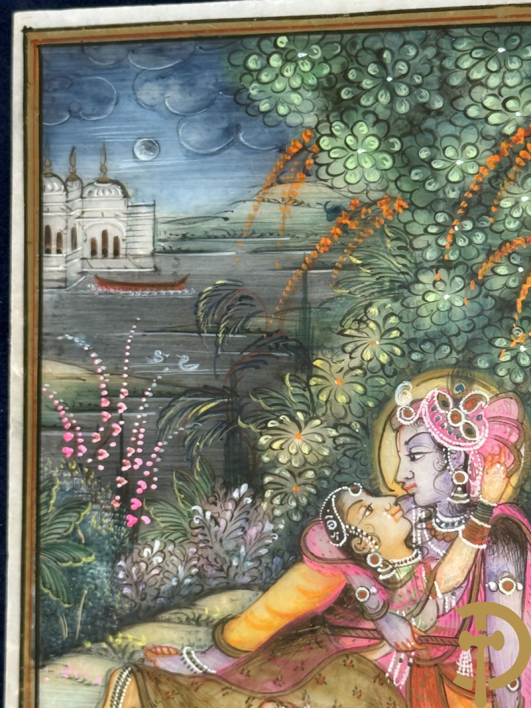 Zes Indische geanimeerde tekeningen van goden en liefdesscènes op gesteente