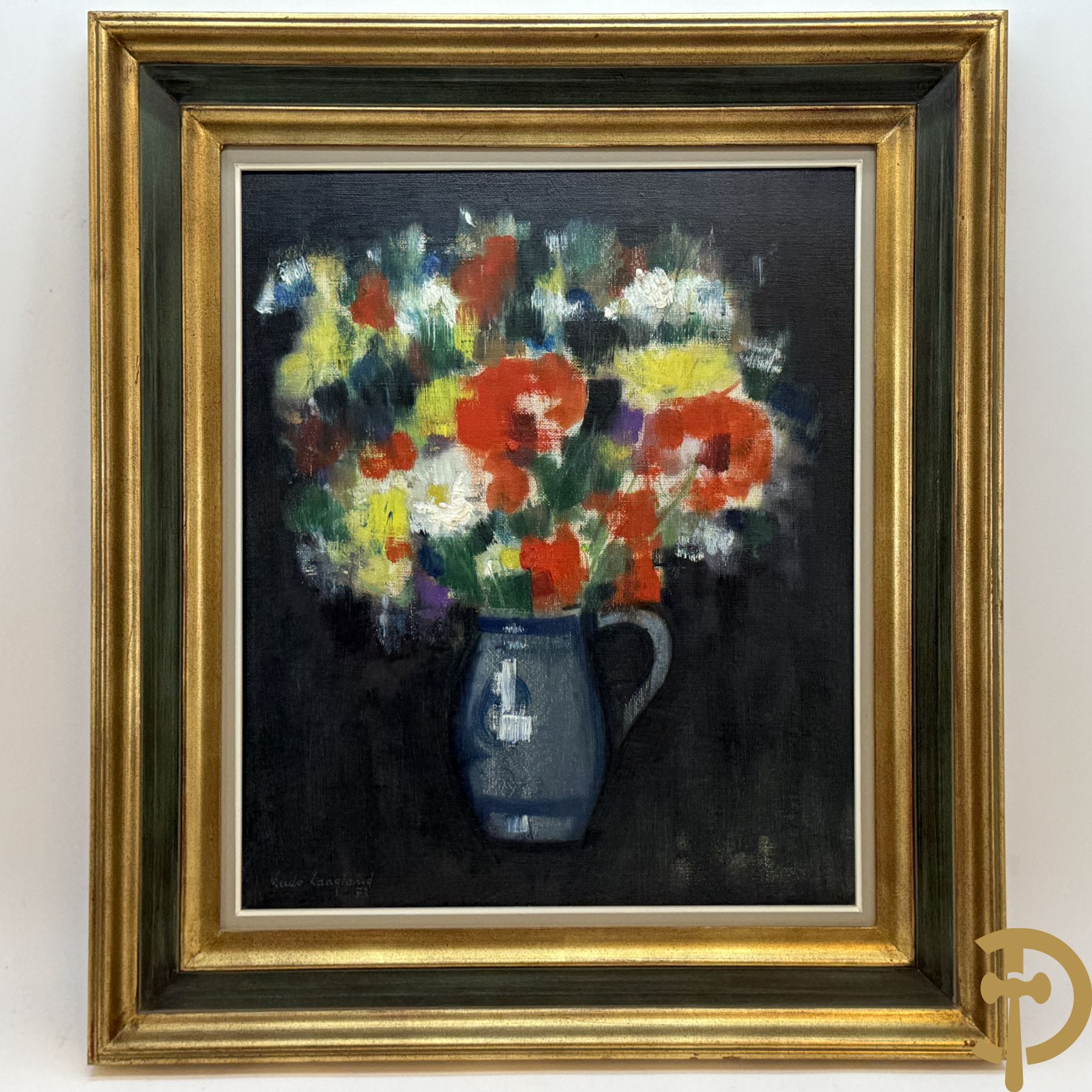 LAAGLAND Ludo getekend '73 'Bloemen in kan' olie op doek gemaroufleerd op hardboard