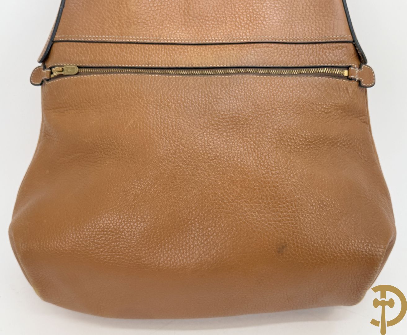 Cognac lederen schoudertas Faust Delvaux met bijhorende stoffen zak