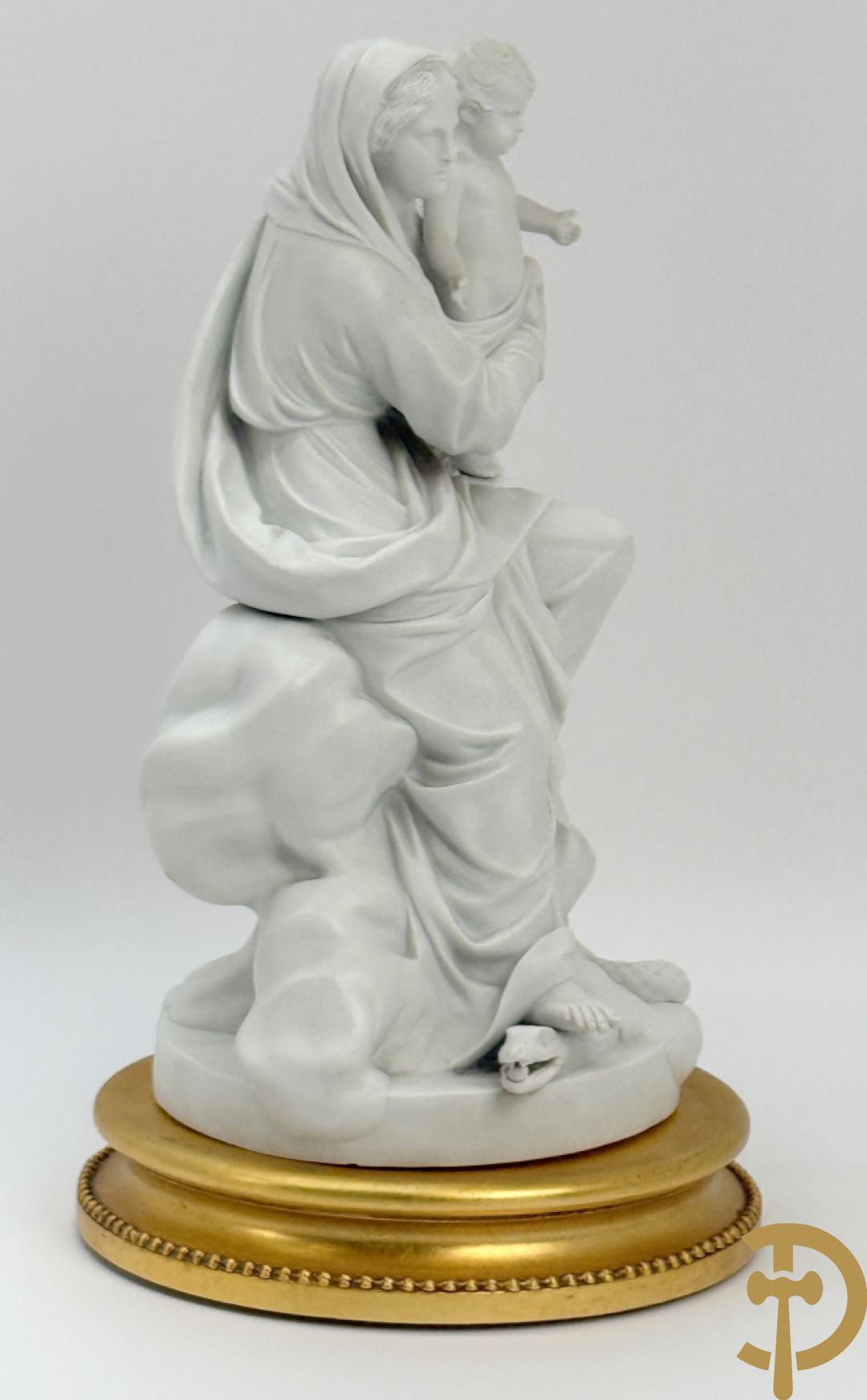 Boizet getekend, witte biscuit van Madonna met kind steunende op slang, gemerkt Sèvres, op vergulde sokkel
