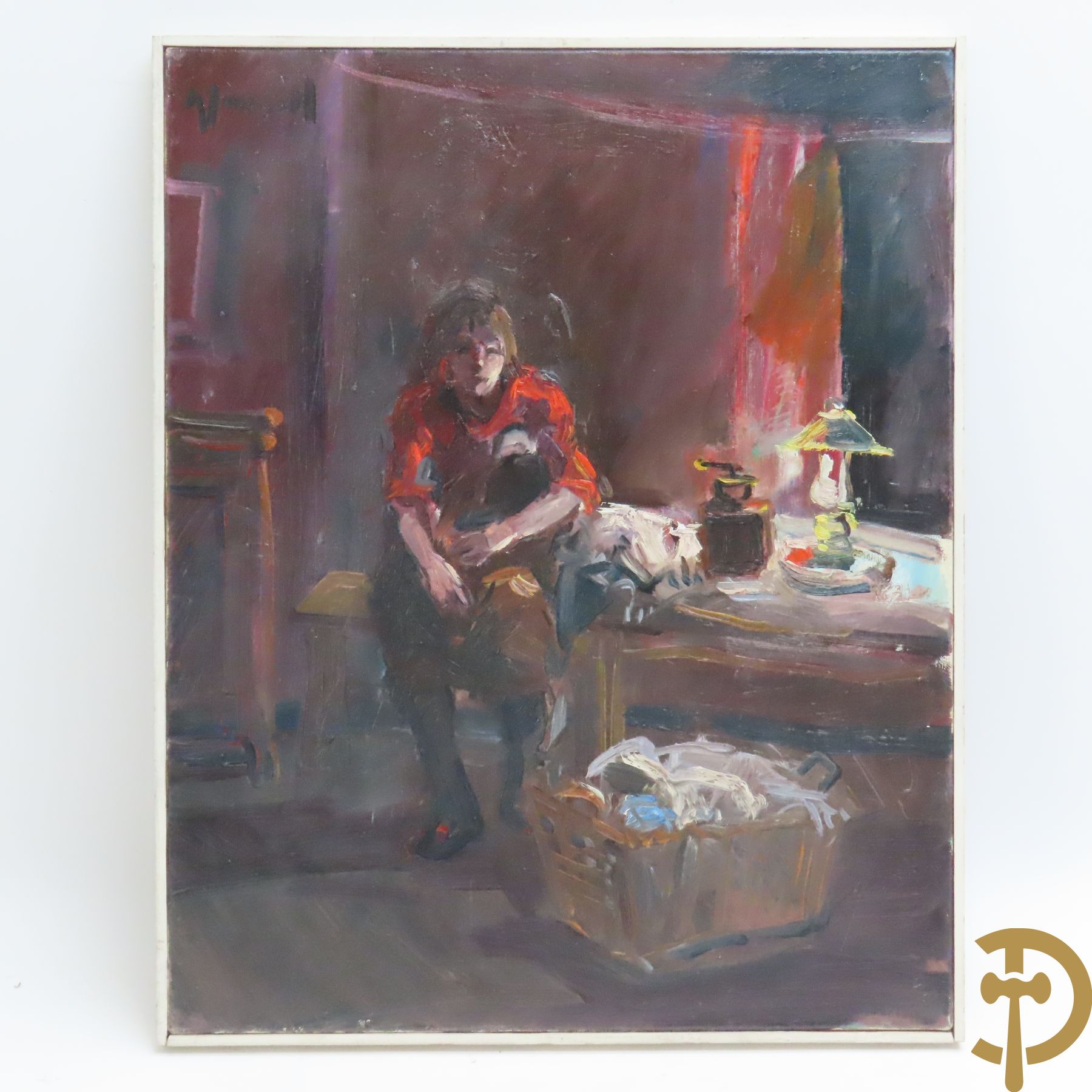 VERVISCH G. getekend 'Zittende dame met wasmand in interieur' olie op doek