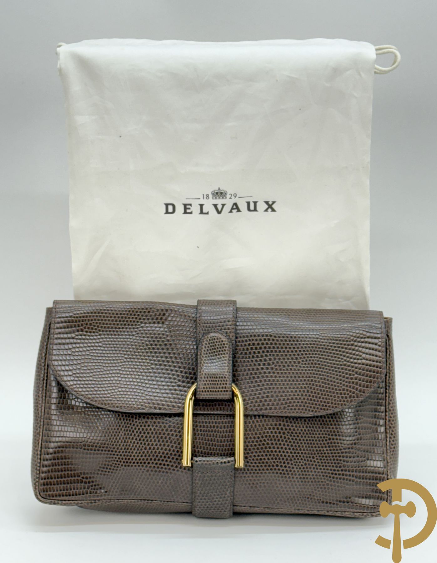 Bruin kroko lederen handtas, Delvaux met bijhorende zak
