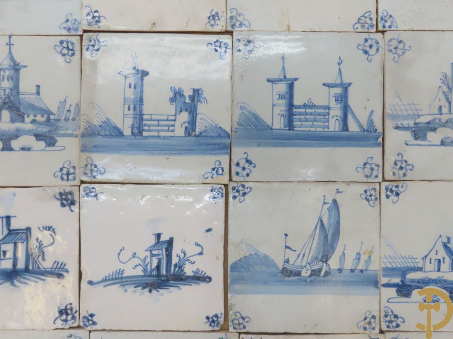 Set oude Delftse tegeltjes met landschappen, waterputten, kastelen, ...