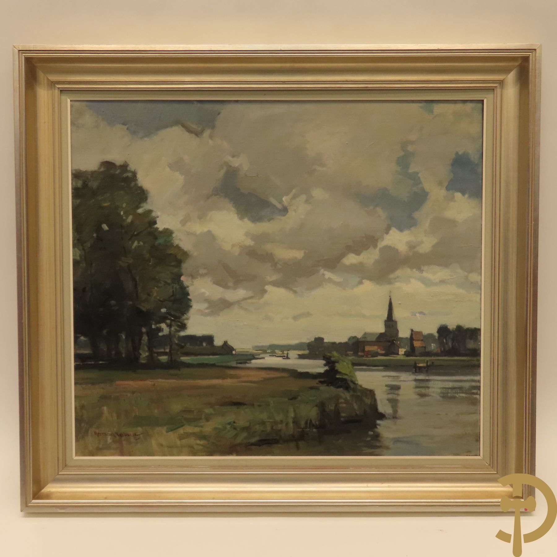 VERBAERE Herman getekend 'Dorpszicht aan de rivier' olie op doek
