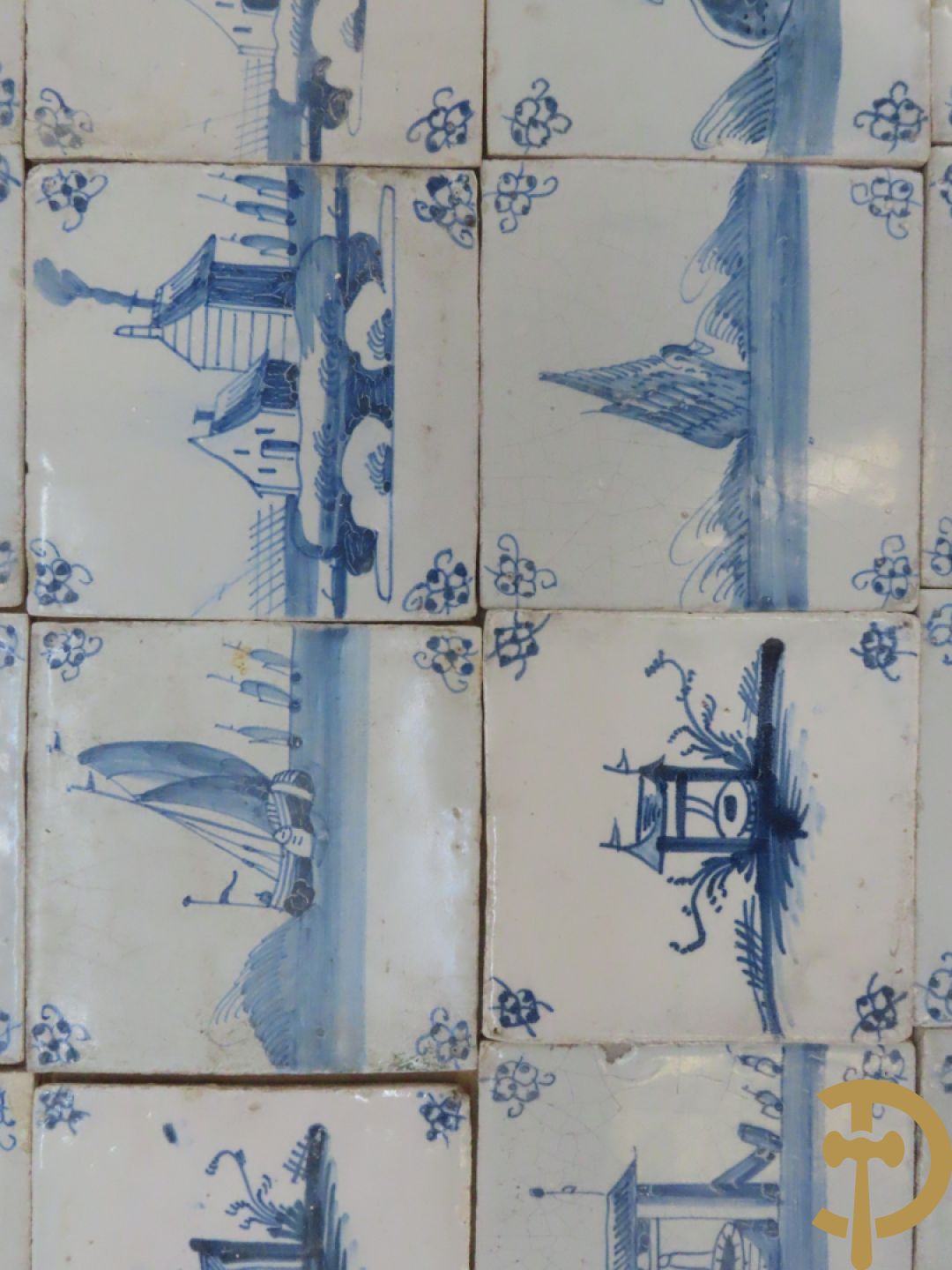 Set oude Delftse tegeltjes met landschappen, waterputten, kastelen, ...