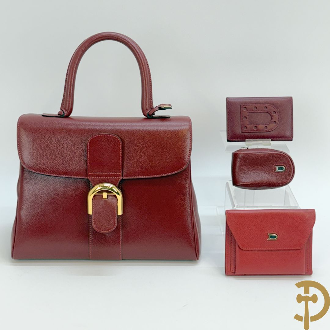 Bordeaux lederen handtas, geldbeugel, kaarthouder en portemonnee, Delvaux, model brillant