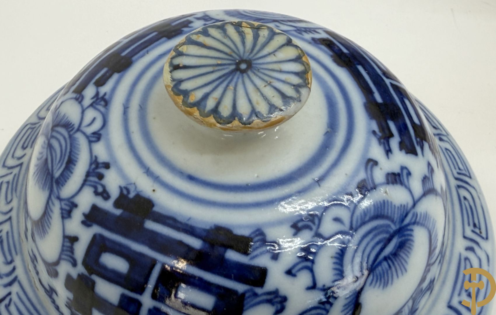 Paar blauw/witte Chinese porseleinen dekselpotiches met bloemen en Chinese tekens