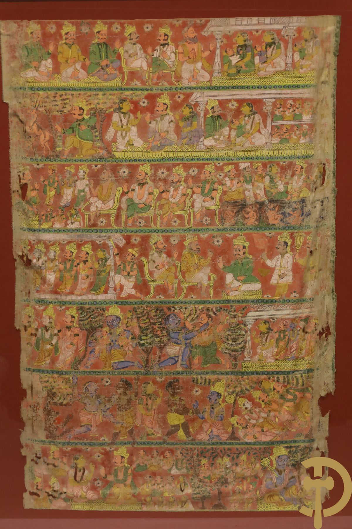 Antiek Indisch handbeschilderd doek met figuren, Shiva, 18e - 19e