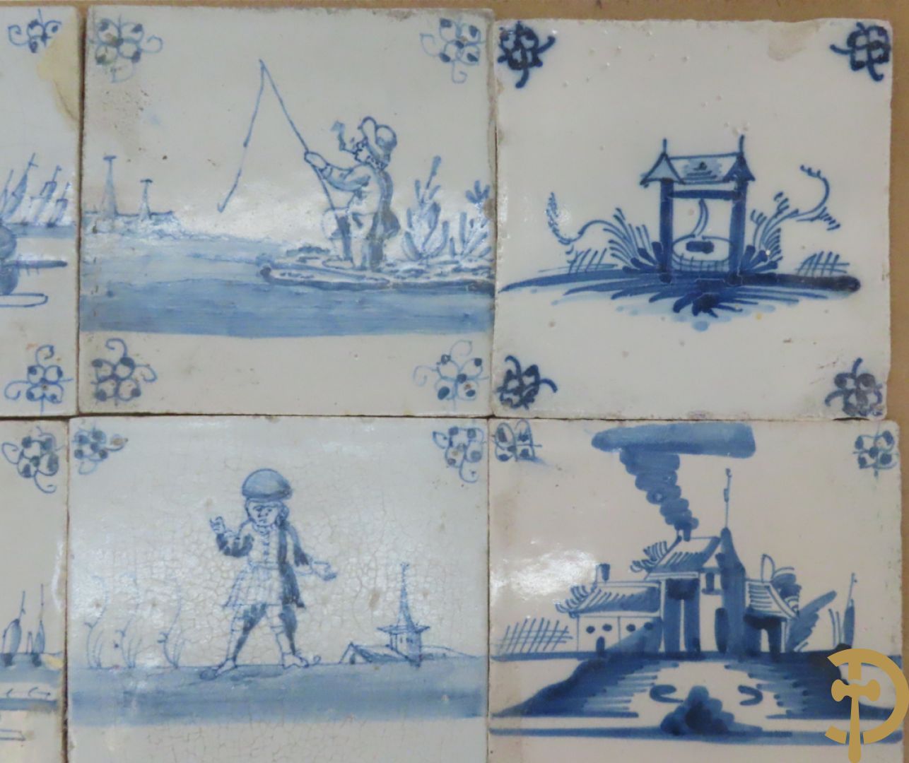 Set oude Delftse tegeltjes met landschappen, waterputten, kastelen, ...
