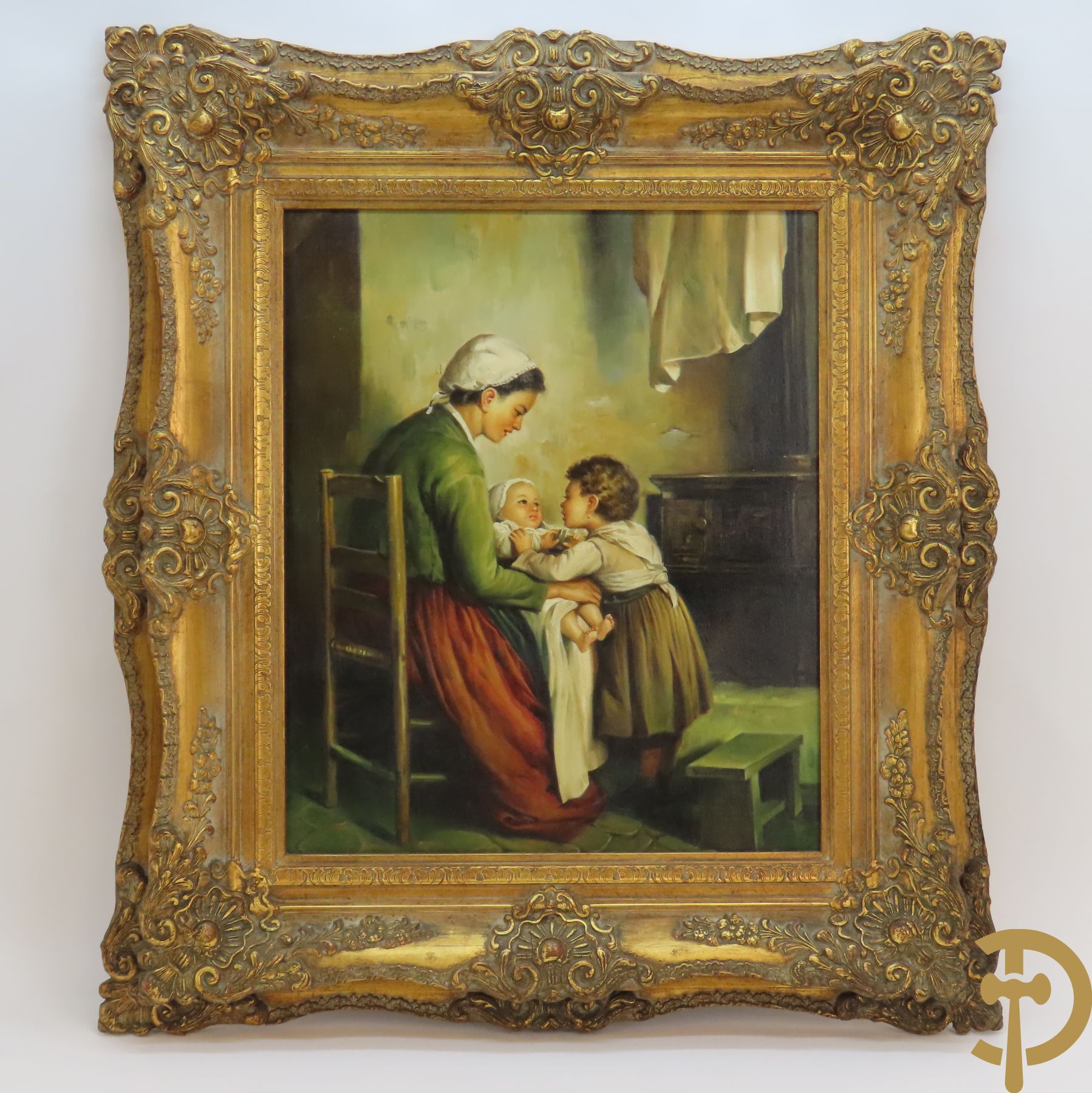 DEVOS-ARTZ get. 'Interieur met moeder, baby en kleuter' olie op doek