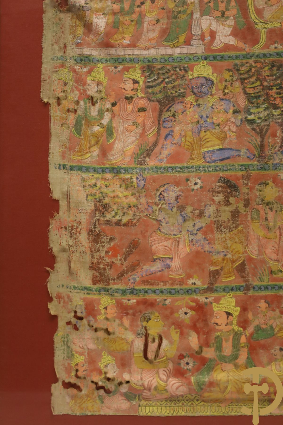 Antiek Indisch handbeschilderd doek met figuren, Shiva, 18e - 19e