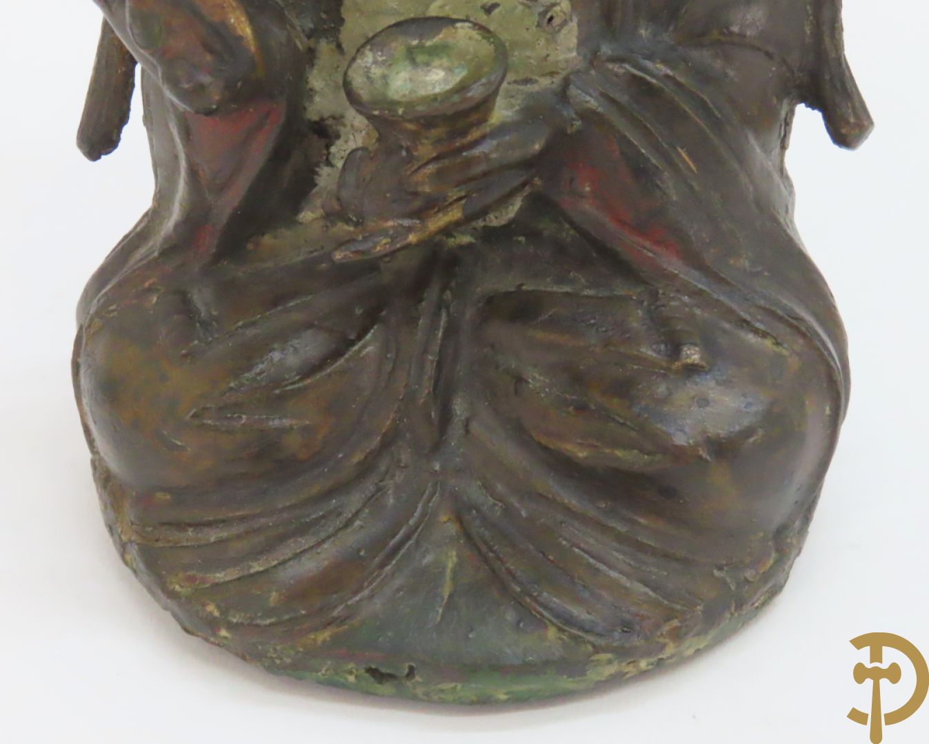 Antieke bronzen zittende boedha + kleine stenen boedha