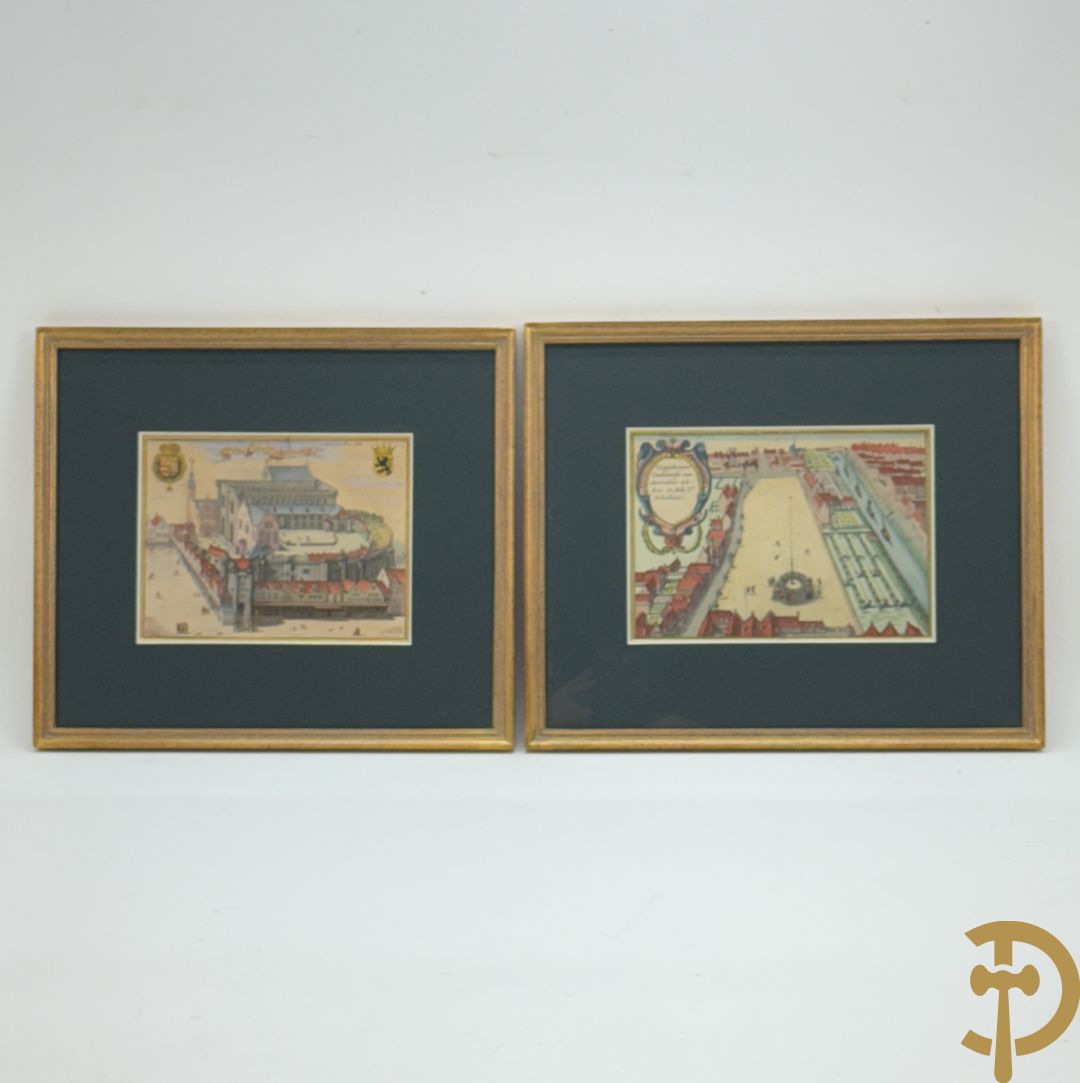 Handgekleurde kopergravure van de Kouter Gent uit Sanderus + handgekleurde kopergravure van Gravensteen uit Sanderus