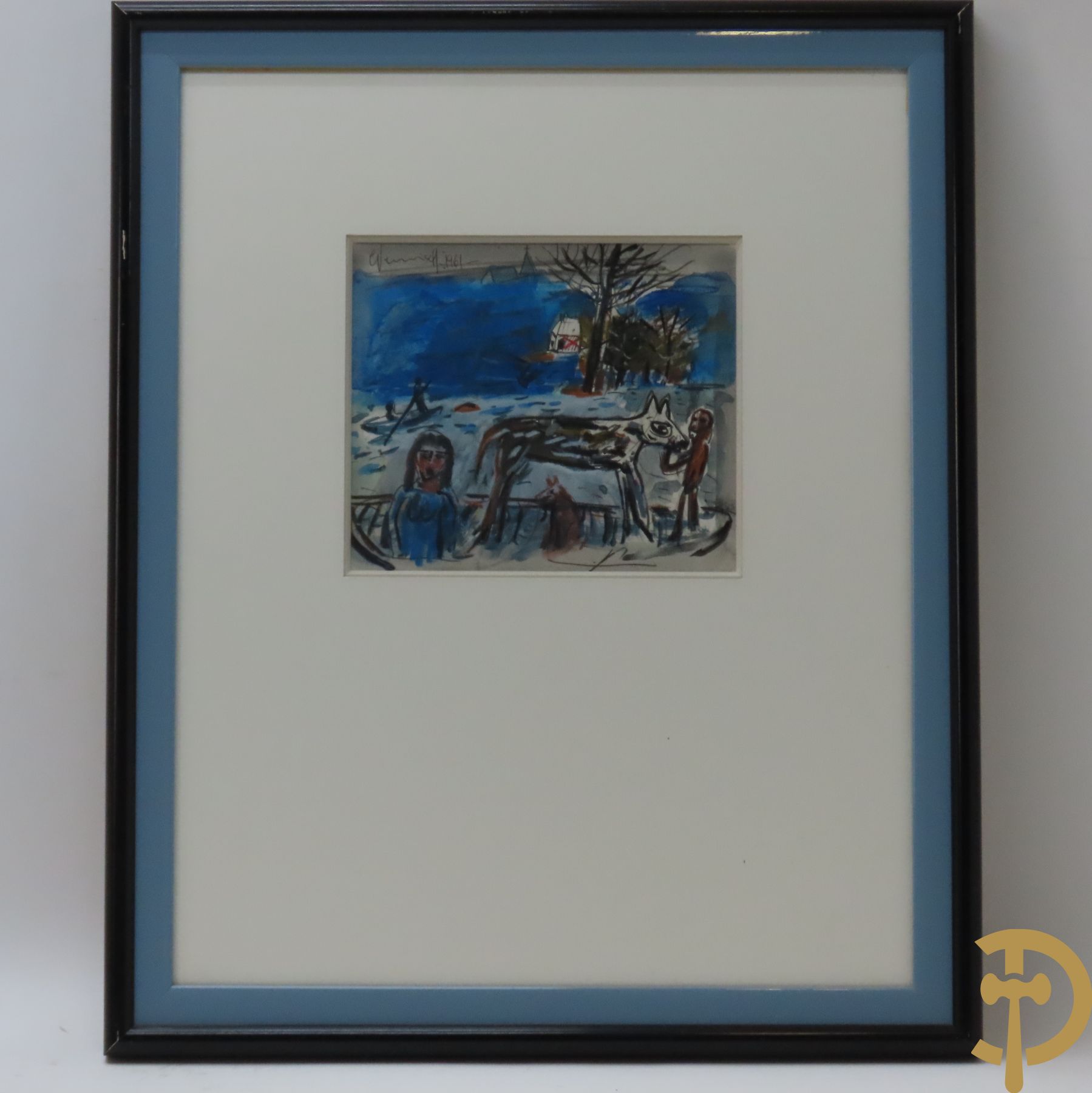 VERVISCH G. getekend 1961 'Landschap met personages' aquarel en potlood