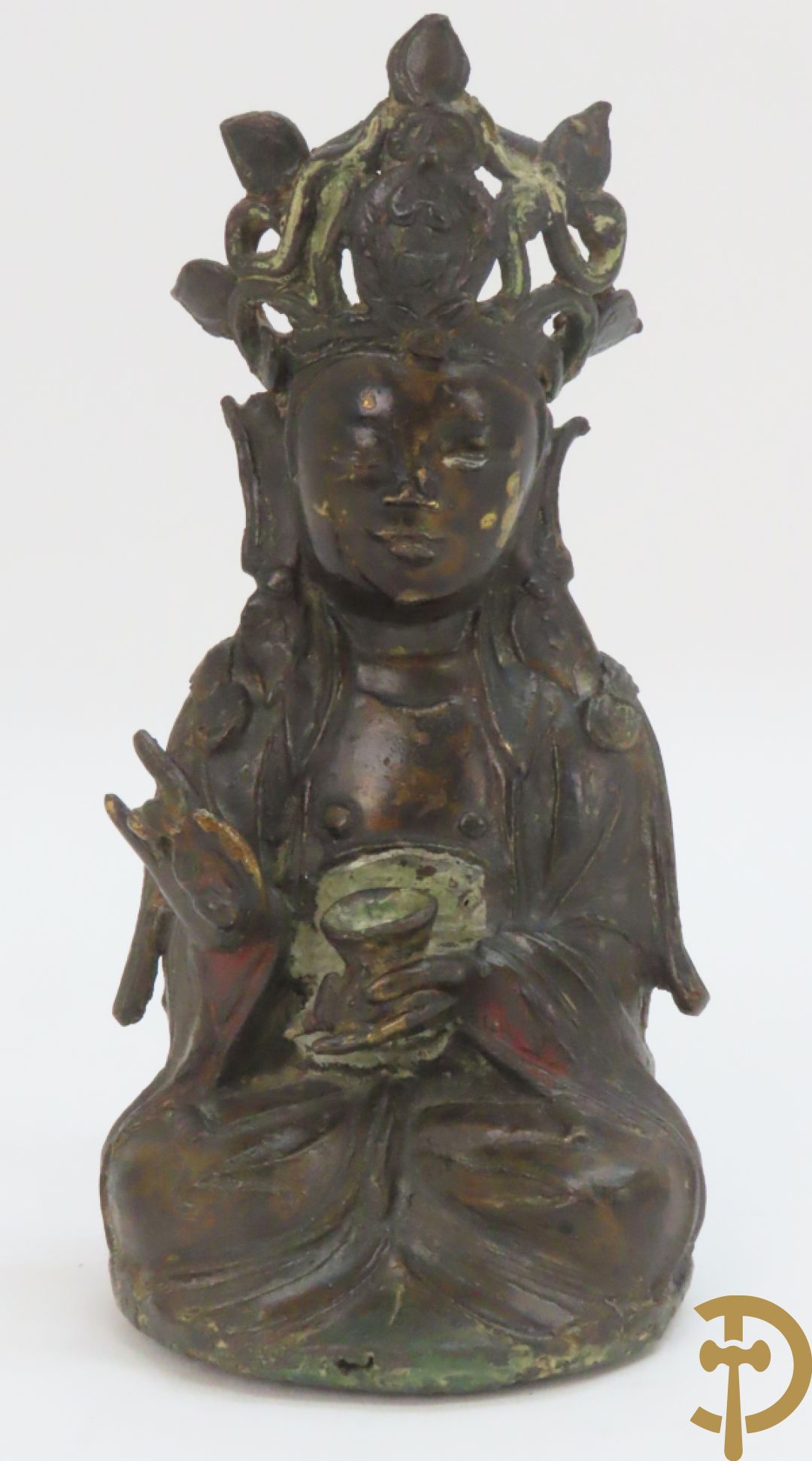 Antieke bronzen zittende boedha + kleine stenen boedha