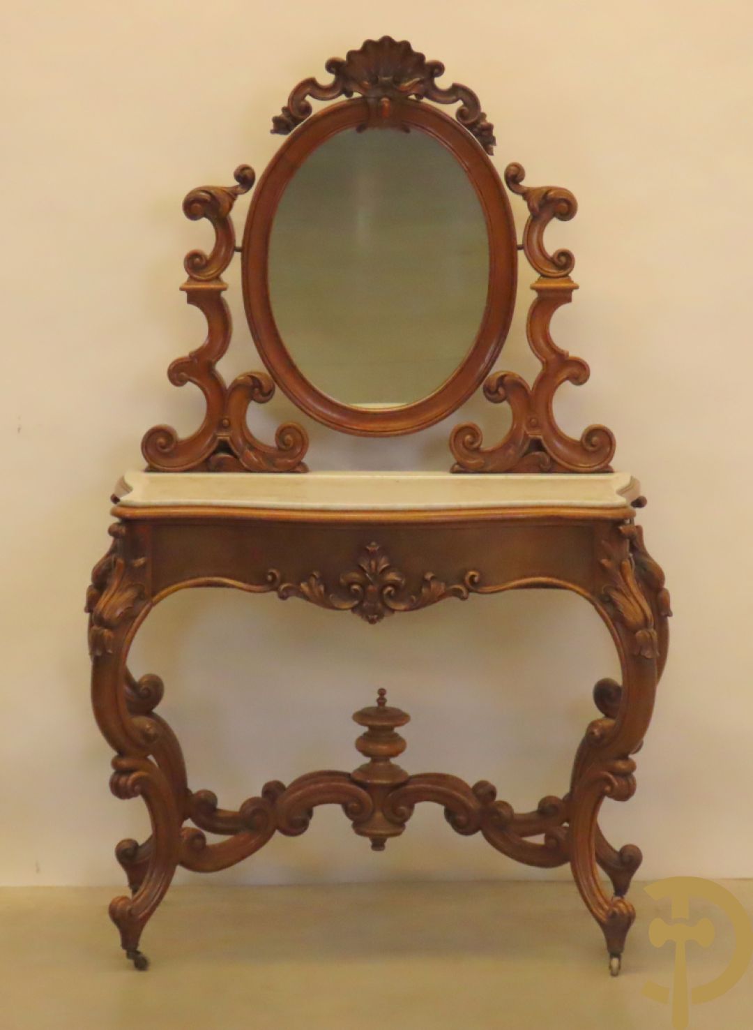 Opschiktafel Louis Philippe met accanthusranken, ovale spiegel en marmeren blad op voluutvormige poten
