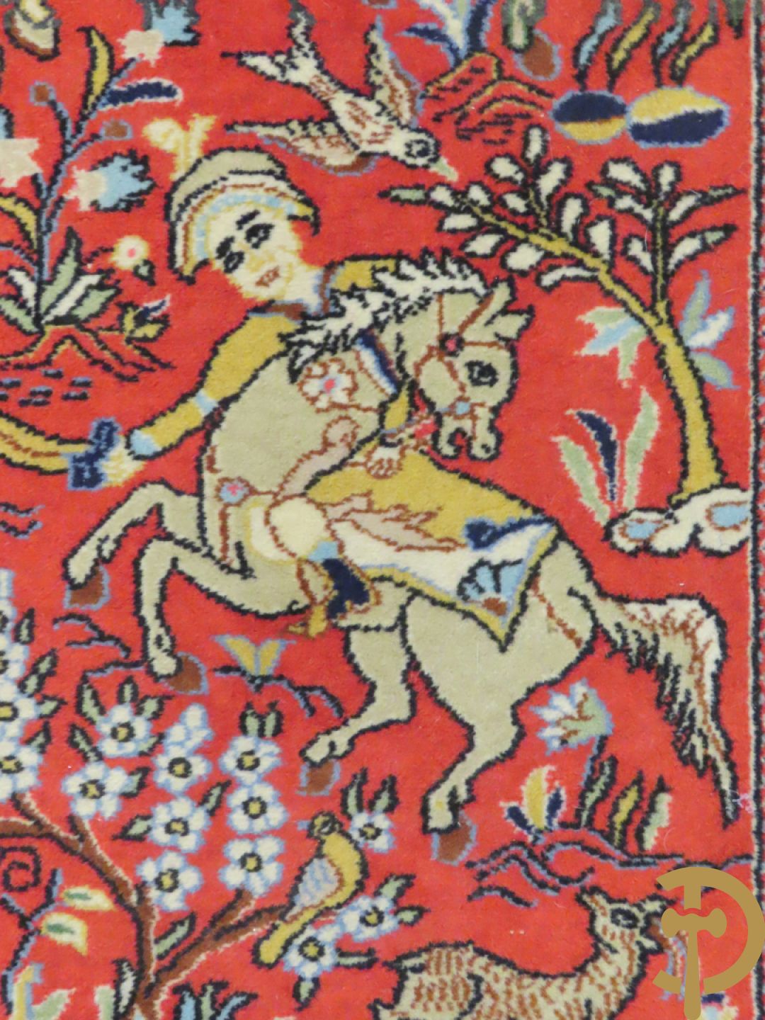 Oosters handgeknoopt tapijt met ruiter-en dierenmotieven