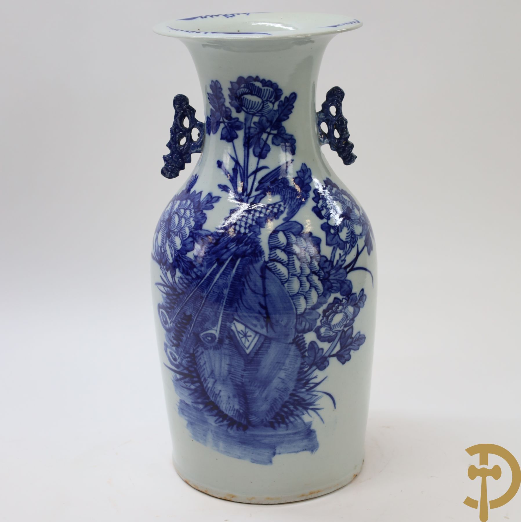 Chinese porseleinen vaas met blauw/wit decor van vogels en bloemen