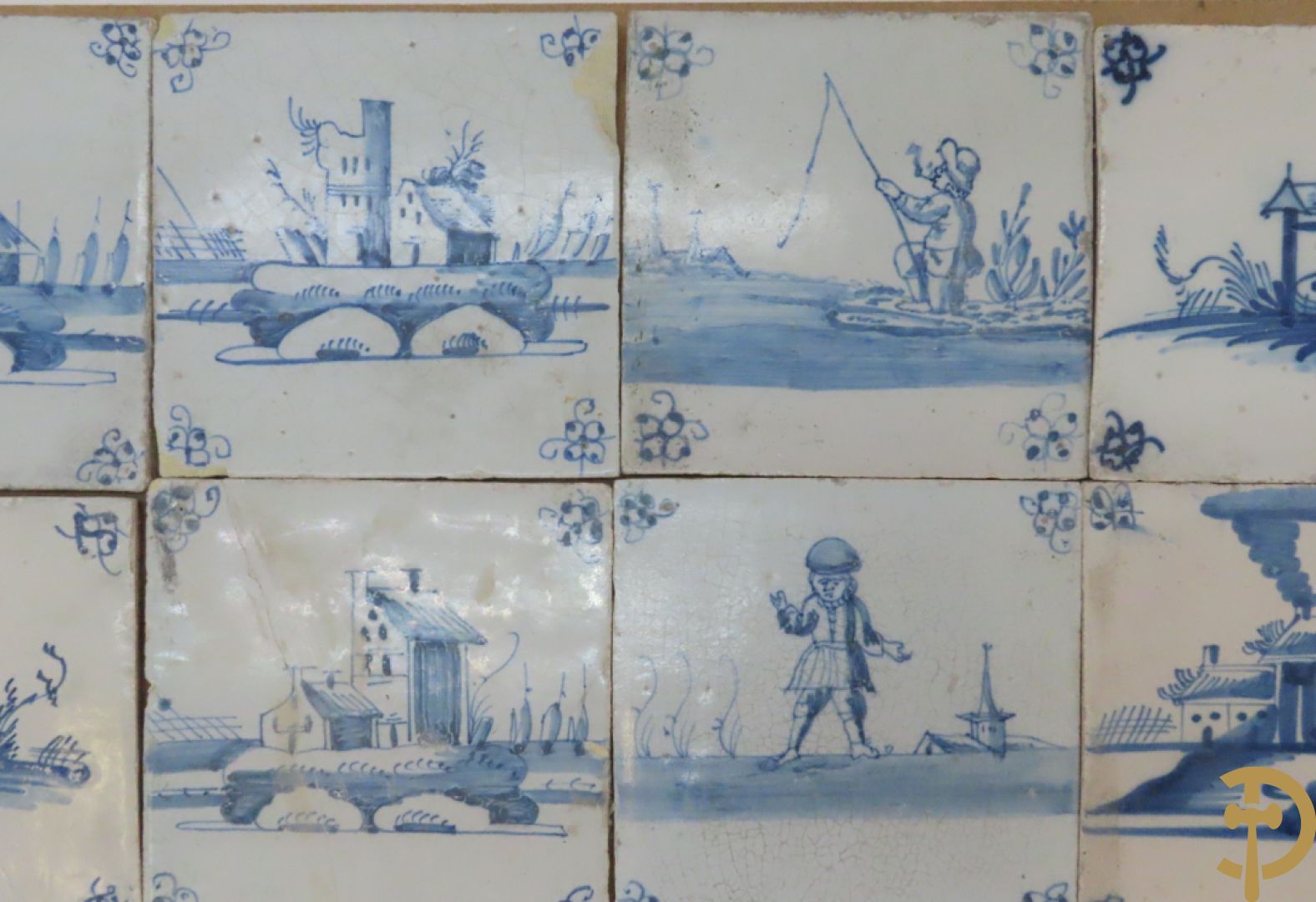 Set oude Delftse tegeltjes met landschappen, waterputten, kastelen, ...