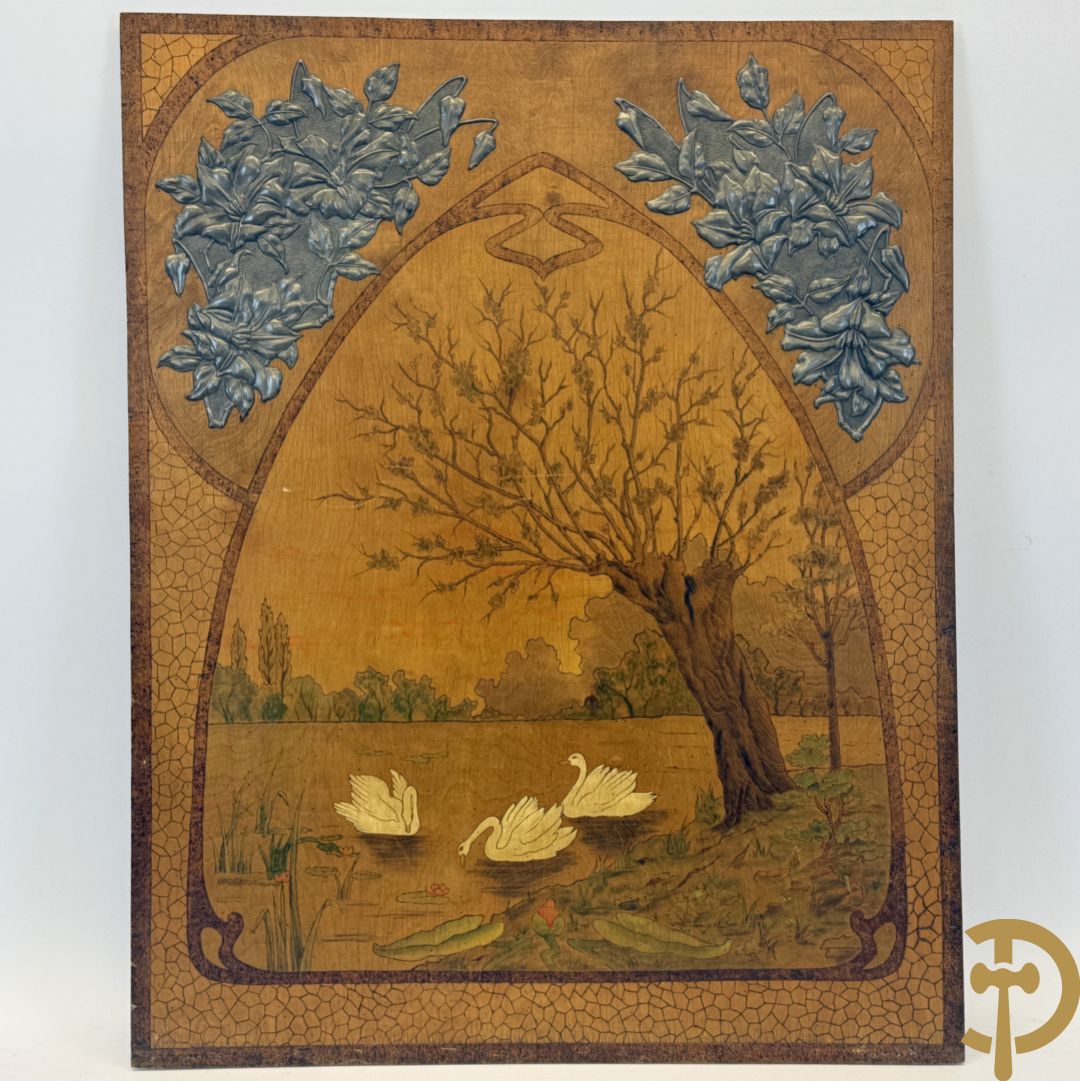 Art Nouveau paneel met pyrografie 