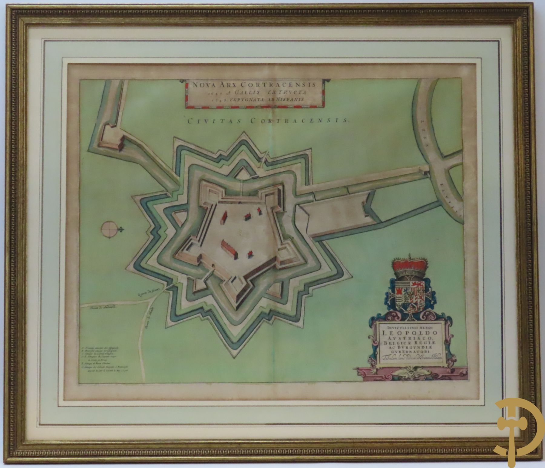 Oude kaart Joannes Blaeu Kortrijk, Nova Arx Cortracencis, met wapenschild