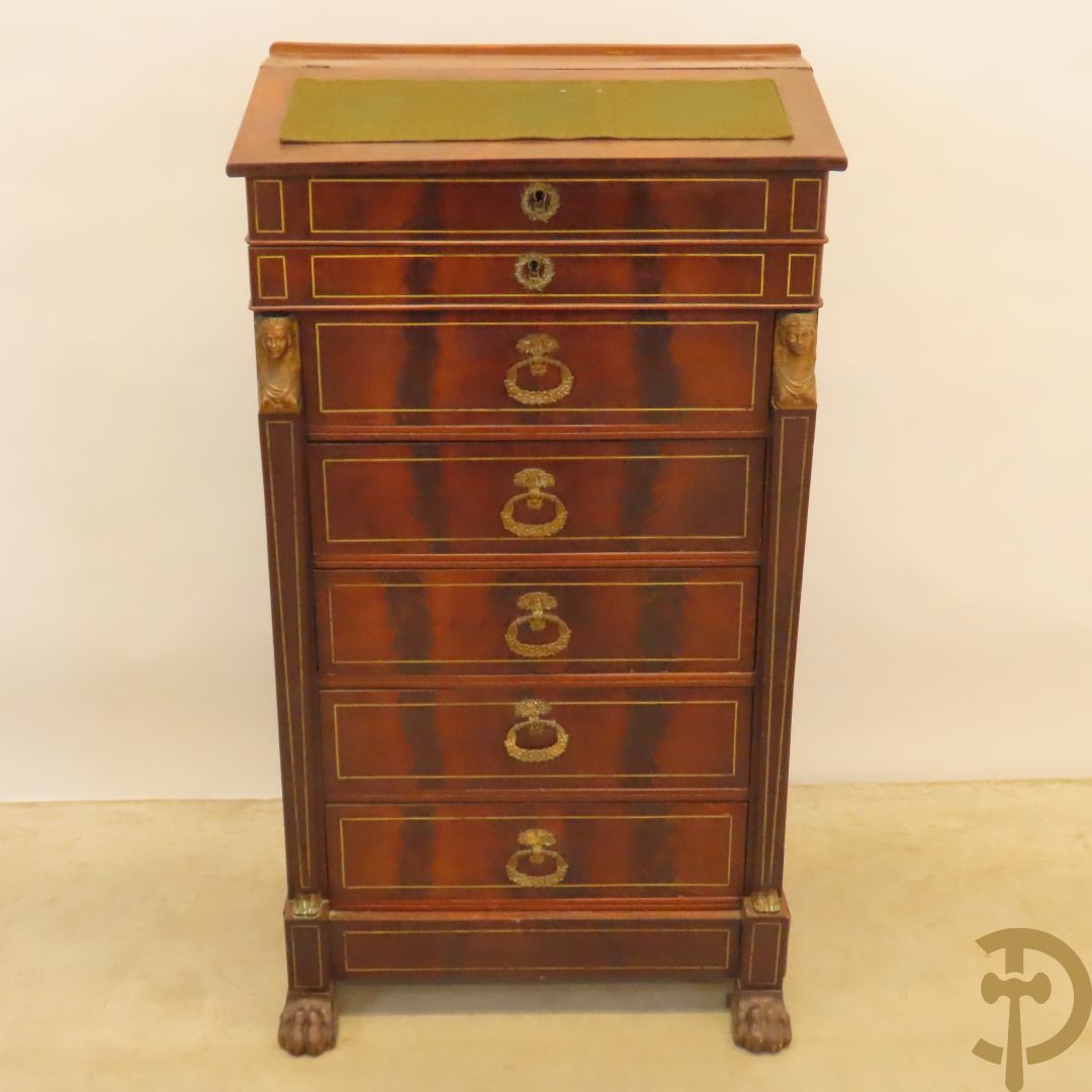 Mahoniehouten zesladenkast met schrijfblad bovenaan, Empire