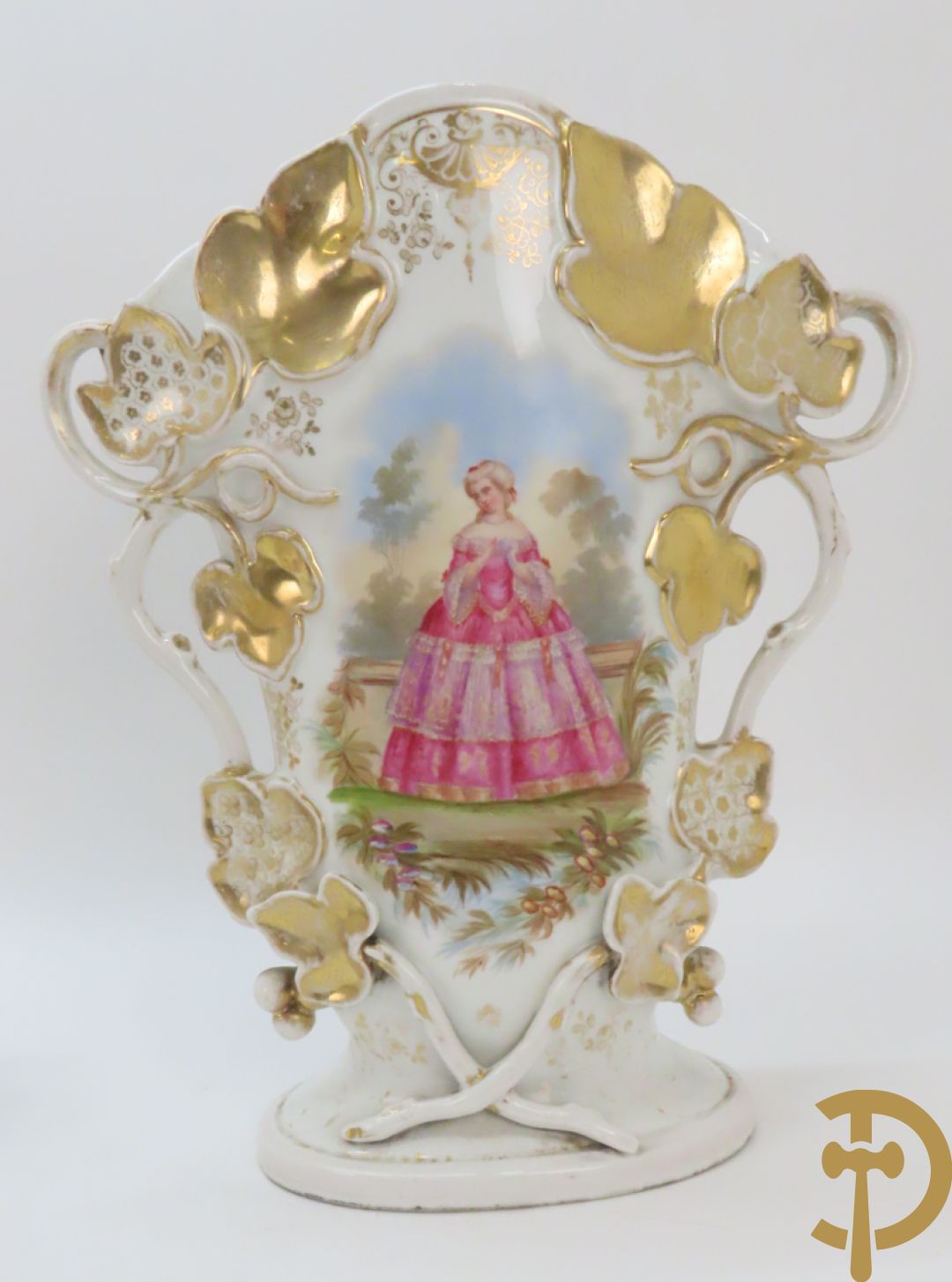 Paar porseleinen Vieux Paris vazen met decor van lieftallige dames